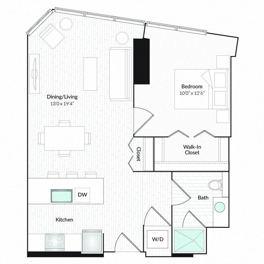 Floor plan for 1 bed, 1 bath, 773 sqft